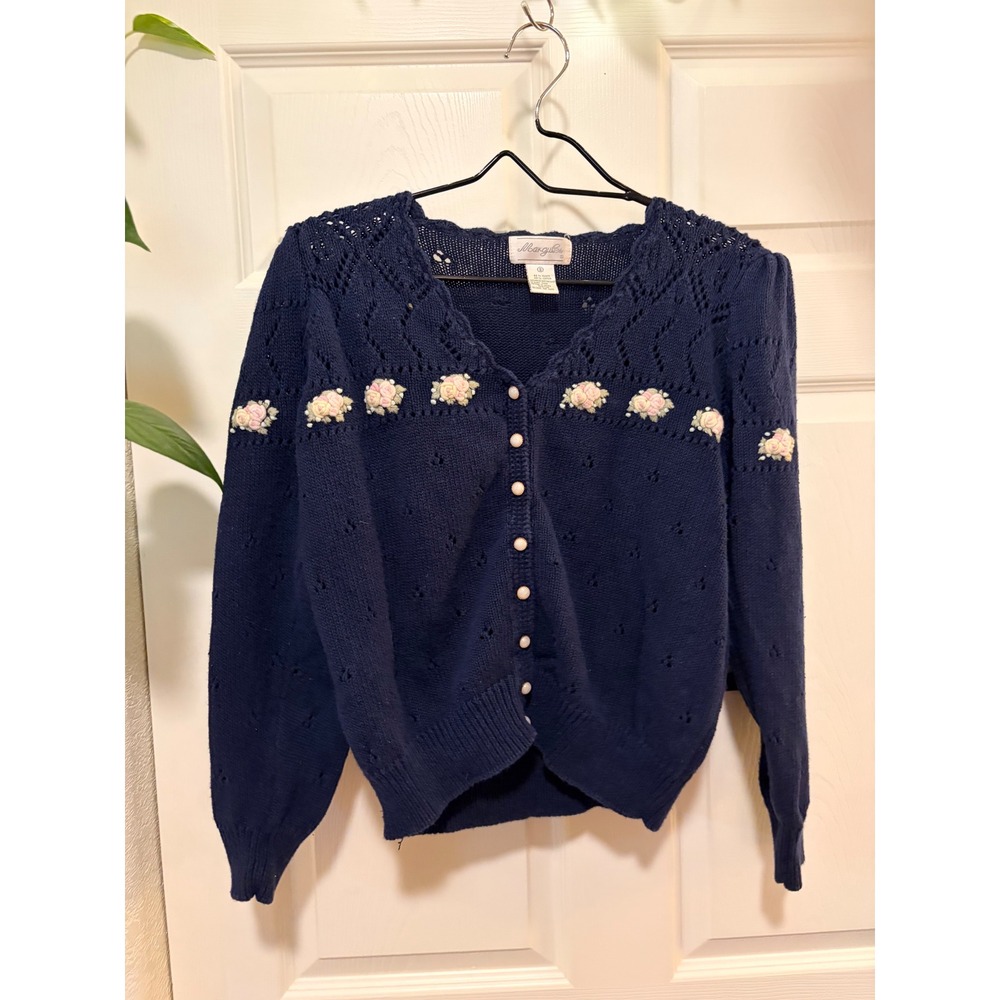 Vintage Margules Navy Blue Floral Embroidered Pointelle Knit Cardigan Sweater S